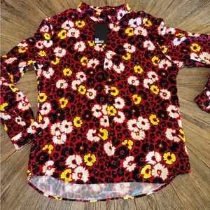 NWT Kooples Slim Fit Floral Leopard Shirt Mens L Red Black Designer Button Up